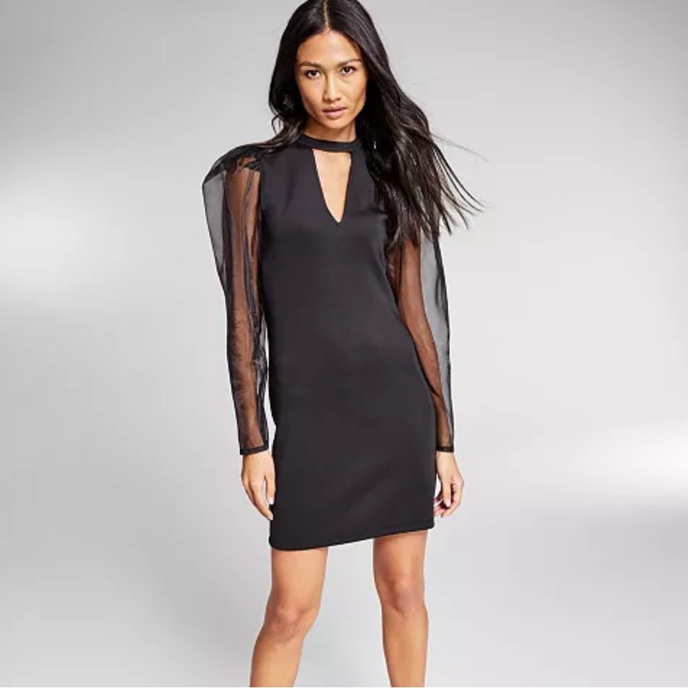 NWT Jeannie Mai X INC Sheer Sleeve Black Bodycon Dress Petite L